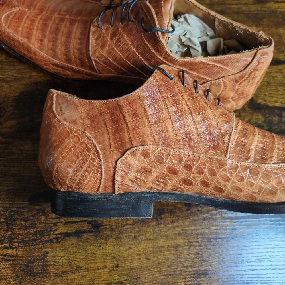 DU Mauri Cognac Alligator Skin Textured Leather Made in Italy Shoes Topy Sole